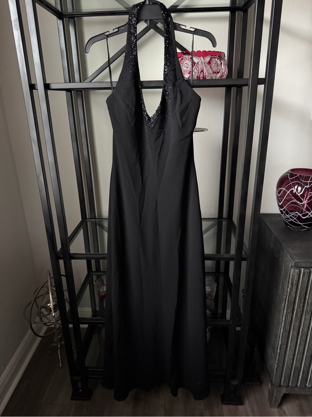 Jones New York Black Halter Evening Gown with Beaded Neckline